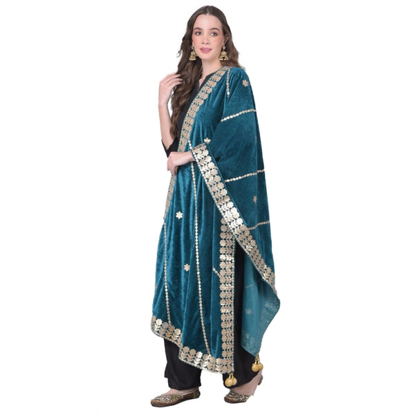 Generic Women's Velvet Gotta Patti Dupatta (Teal, Length: 2.25 to 2.50 Mtr)