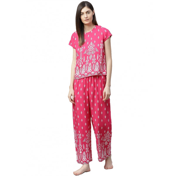 Generic Women's Casual Short Sleeve Printed Rayon Pajama Set (Pink)