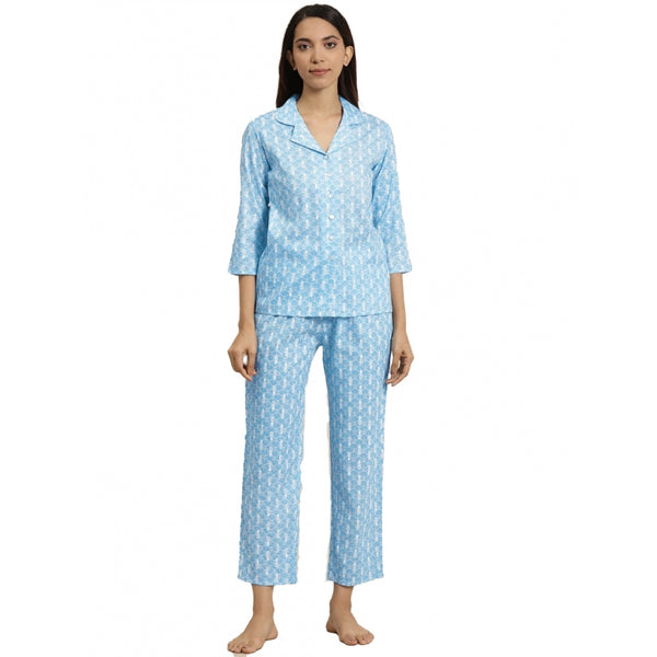 Generic Women's Casual 3/4 th Sleeve Floral Printed Rayon Shirt With Pyjama Pant Night Suit Set (Blue)