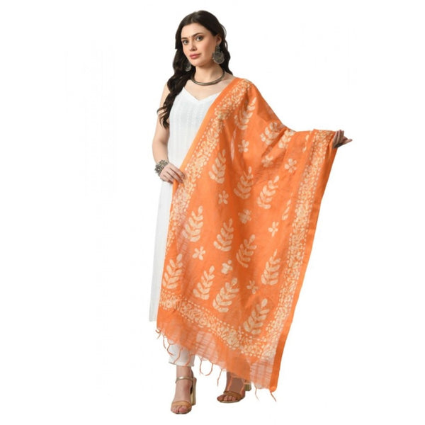 Generic Women's Cotton Printed Dupatta (Orange, Length: Free Size)