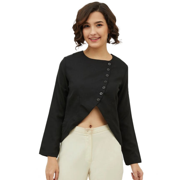 Generic Women's Polyester Asymmetrical Long Sleeves Top (Black)