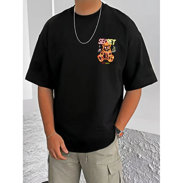 Generic Men's Casual Cotton Blend Printed Round Neck Half Sleeve T-Shirt (Black)