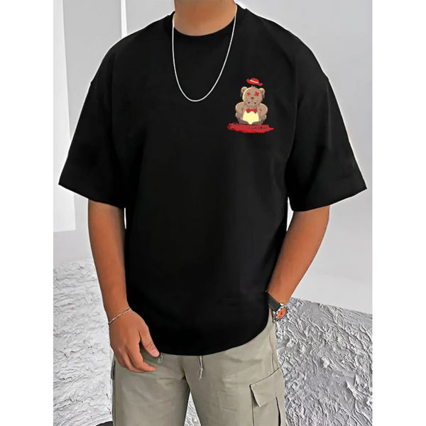 Generic Men's Casual Cotton Blend Printed Round Neck Half Sleeve T-Shirt (Black)