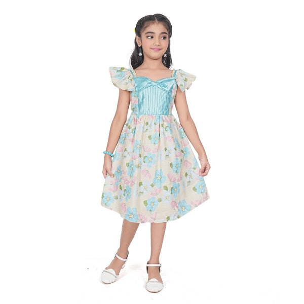 Generic Girl's Popcorn Printed Short Sleeve Squre Neck Dress (Sky Blue)