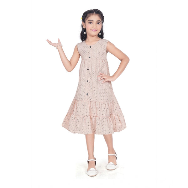 Generic Girl's Slub Printed Sleeve Less Round Neck Dress (Brown)