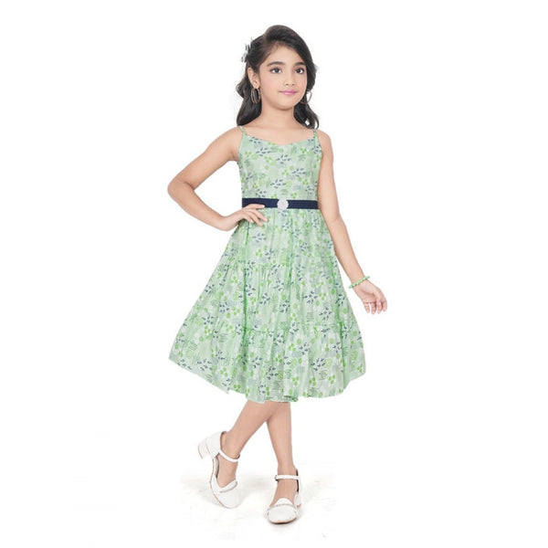 Generic Girl's Cotton Slub Printed Sleeve Less Round Neck Dress (Sea Green)