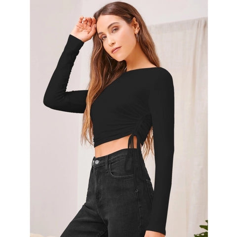 Generic Women's Polyester Solid Round Neck Full Sleeve Top (Black)