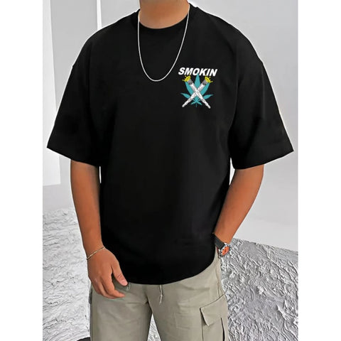Generic Men's Casual Cotton Blend Printed Round Neck Half Sleeve T-Shirt (Black)