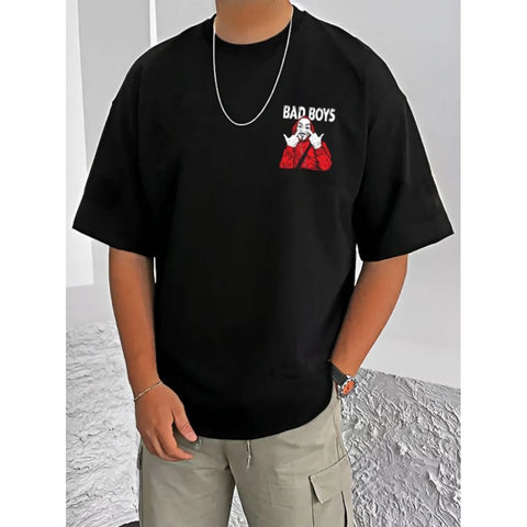 Generic Men's Casual Cotton Blend Printed Round Neck Half Sleeve T-Shirt (Black)