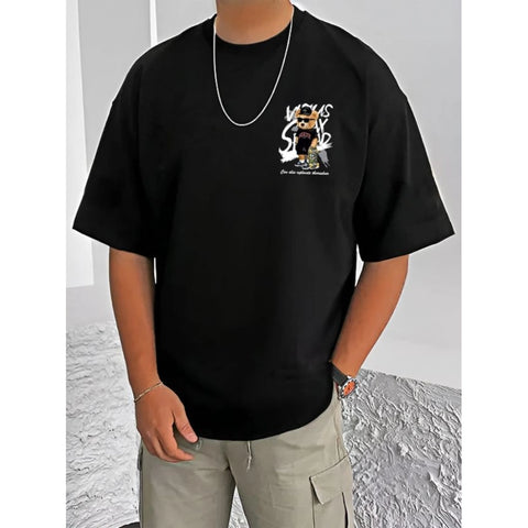 Generic Men's Casual Cotton Blend Printed Round Neck Half Sleeve T-Shirt (Black)