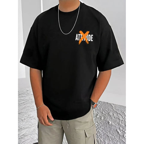 Generic Men's Casual Cotton Blend Printed Round Neck Half Sleeve T-Shirt (Black)
