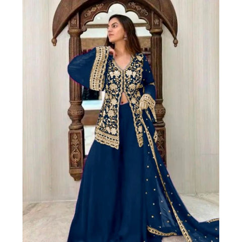 Generic Women's Georgette Embroidery 3-4th Sleeve V-Neck Kurti, Palazzo And Dupatta Set (Morpich)
