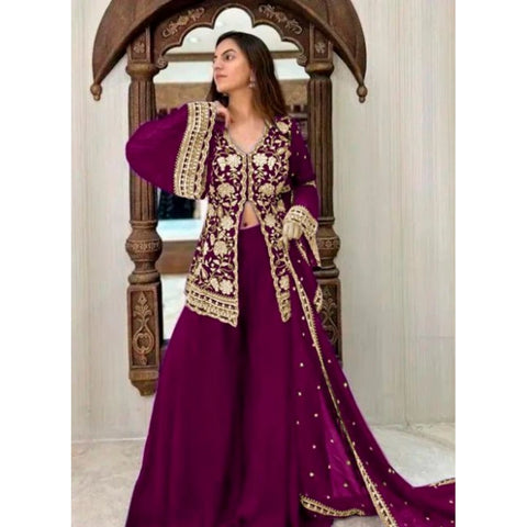 Generic Women's Georgette Embroidery 3-4th Sleeve V-Neck Kurti, Palazzo And Dupatta Set (Wine)