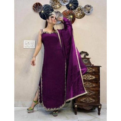 Generic Women's Georgette Embroidery Sleeveless Round Neck Kurti, Palazzo And Dupatta Set (Wine)