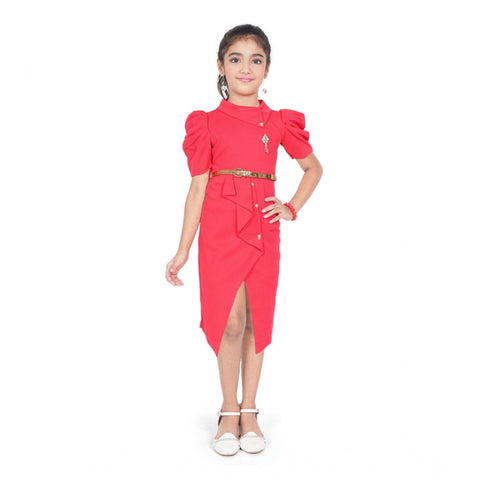 Generic Girl's Cotton Lycra Soild Short Sleeve Close Neck Dress (Pink)