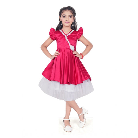 Generic Girl's Satin Soild Short Sleeve V Neck Dress (Pink)