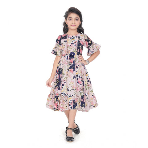 Generic Girl's Shiffon Printed Half Sleeve Round Neck Dress (Peach)