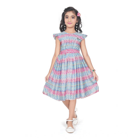 Generic Girl's Lycra Printed Sleeve Less Round Neck Dress (Multicolor)